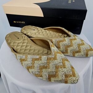 Birdies Gold and Silver Beaded Pointed Toe Flats
